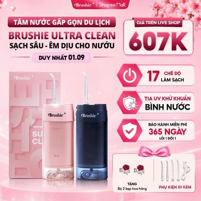 [GIÁ 646K LIVE SHOP] Tăm Nước BRUSHIE SUPER CLEAN 17 Chế Độ Làm Sạch Cho Người Niềng Răng, Flossie Gấp Gọn Du Lịch, LIS