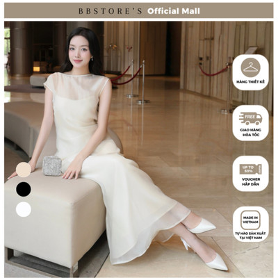 BBSTORE'S Đầm Suông Tiệc Dài Hai Dây Lụa Phối Tơ Voan - D4462T