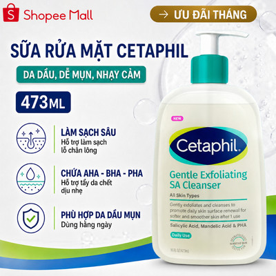 Sữa Rửa Mặt CETAPHIL GENTLE EXFOLIATING SA CLEANSER 473ML Dạng Gel, Làm Sạch Dầu Nhờn, Ngăn Mụn Cho Da Dầu Nhạy Cảm