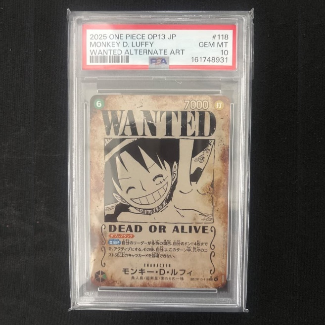 Thẻ PSA Japanese One Piece Wanted luffy OP13 118 10 Gem Mint NF38 38f