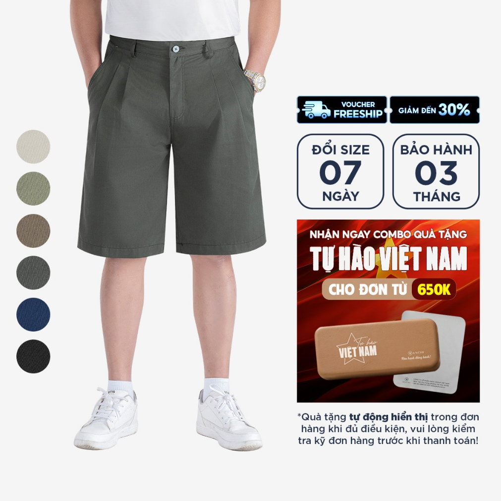 Quần short 2 ly kaki nam trung niên ANCHI vải dày dặn ống rộng - QSK25-2LI