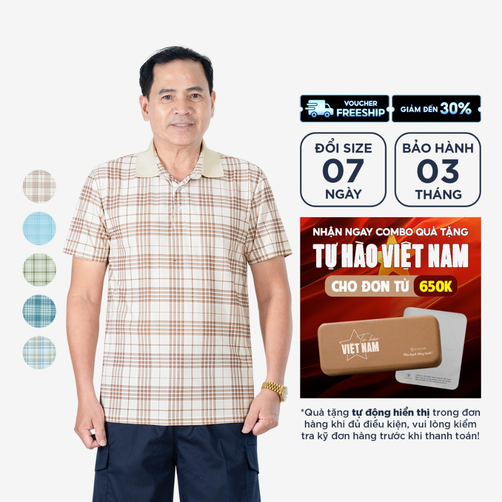Áo polo nam trung niên họa tiết kẻ 2025 vải cotton cao cấp mềm mát không nhăn ANCHI - APL2503