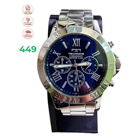 Đồng Hồ Nam Technos Chronograph Sapphire Glass – Full Thép Không Gỉ – 10ATM – Mặt Đen 3 Mặt Số Phụ