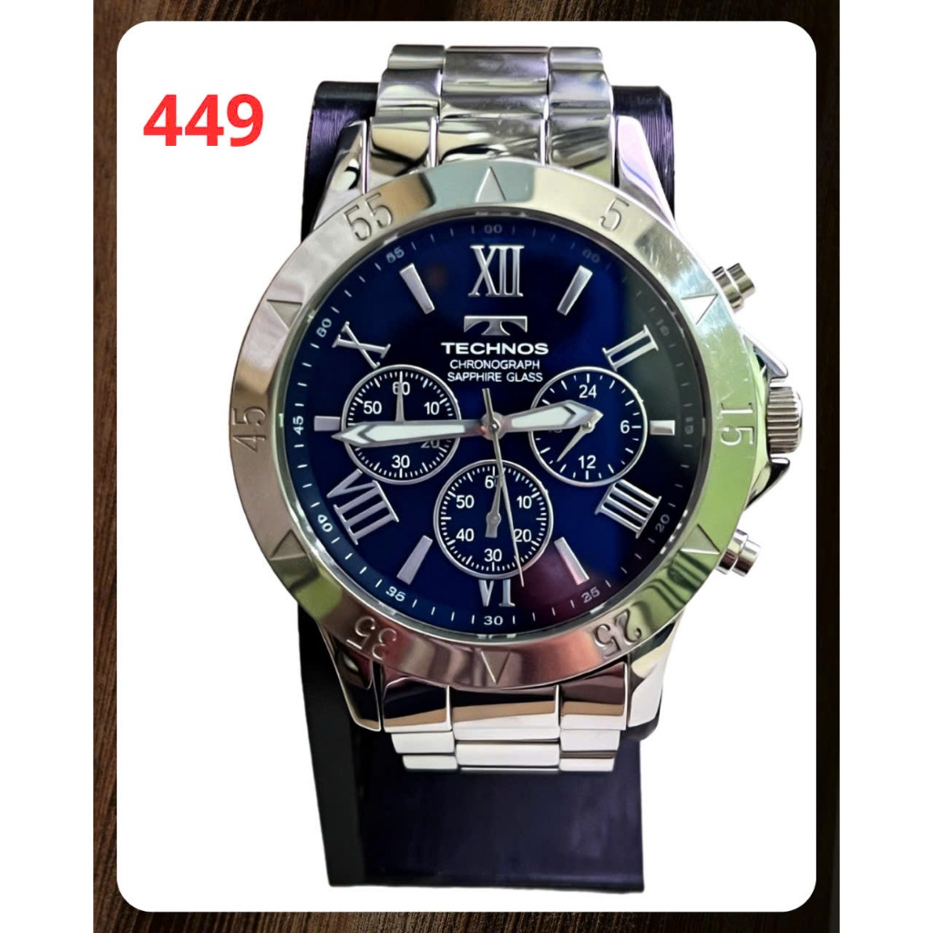 449. Đồng Hồ Nam Technos Chronograph Sapphire Glass – Full Thép Không Gỉ – 10ATM – Mặt Đen 3 Mặt Số 