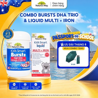 Combo viên nhai Nature's Way Omega-3 Fish Oil Trio và Siro Sắt Kids Smart Liquid Multi Iron Hỗ Trợ Tăng Đề Kháng