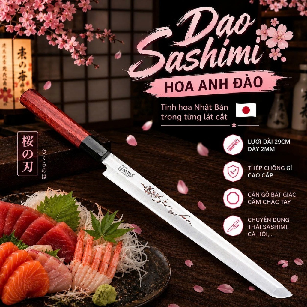 Dao Làm Bếp (Vuông.HĐ) chuyên thái thịt cá, thái sashimi - Dao Bếp Nhật tay cầm gỗ , thép chống gỉ