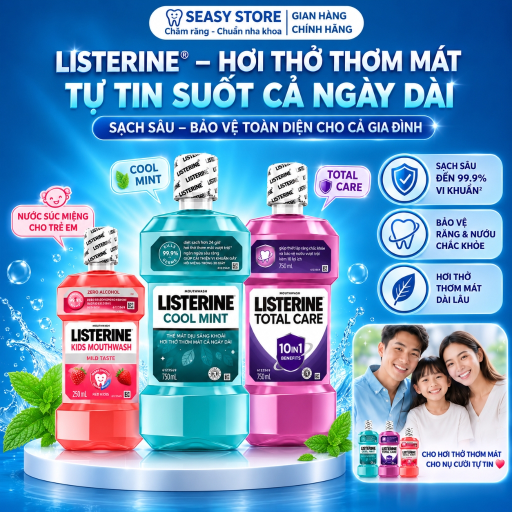 Nước súc miệng Listerine Cool Mint ngừa sâu răng diệt khuẩn giữ hơi thở thơm…