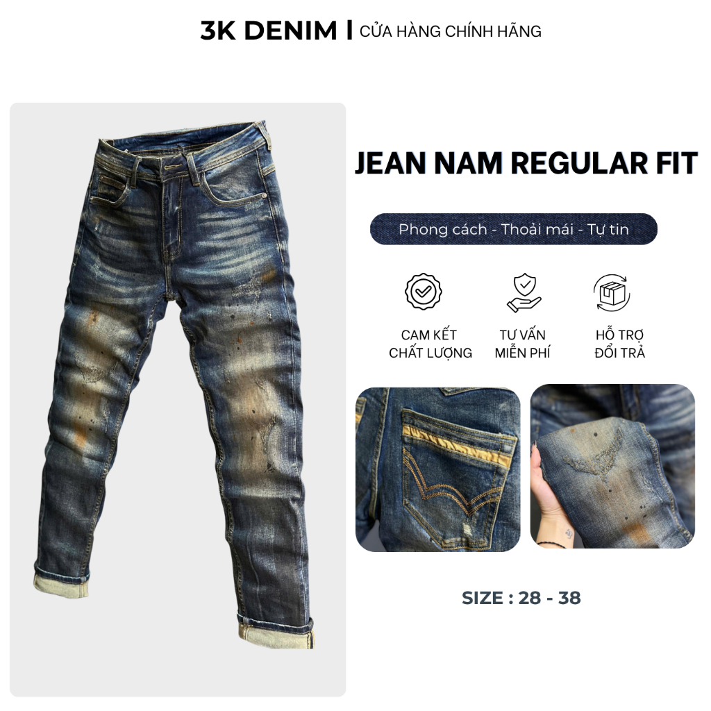 [3K DENIM] Quần Jean Denim Guangzhou-3K1947 Màu Xanh Đậm Was RETRO Dơ Phun Sơn Cam J4015.