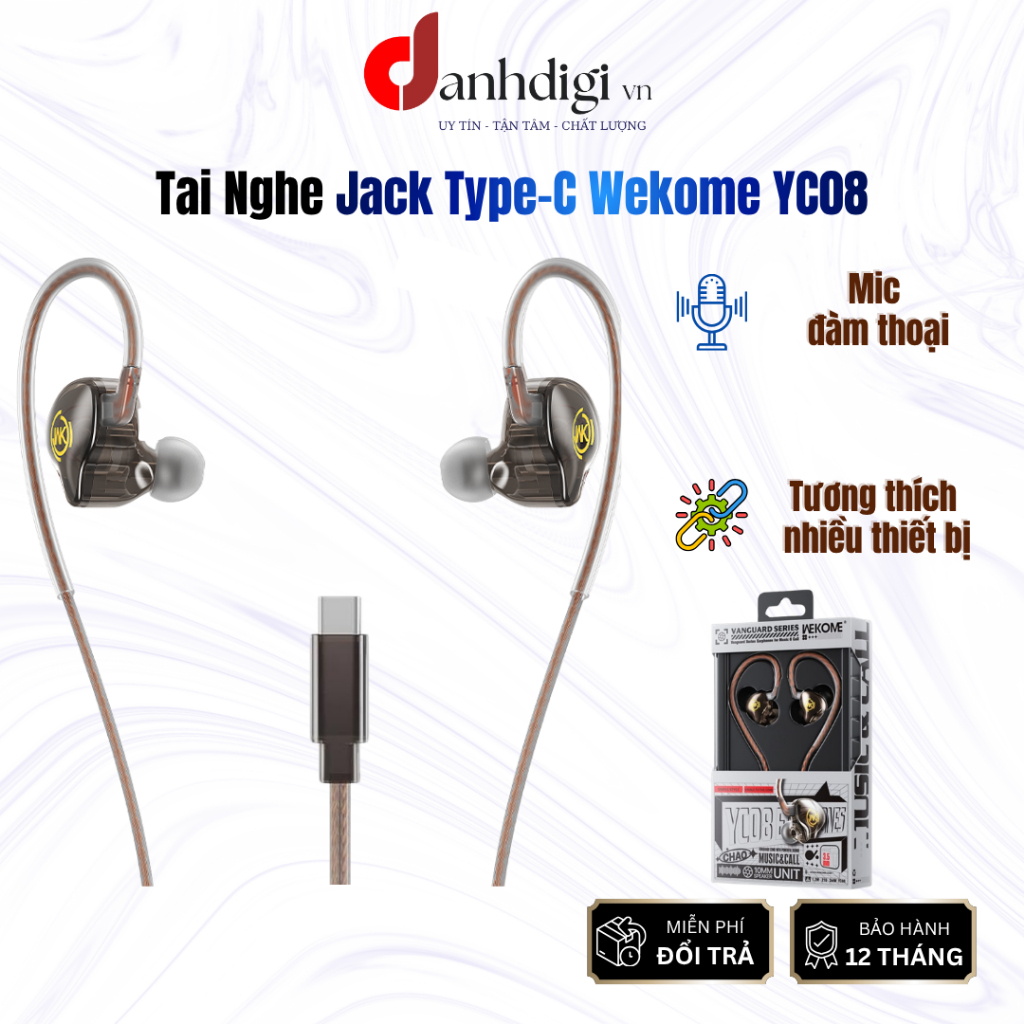 Tai nghe dây Type-C Wekome YC08 có hổ trợ Mic đàm thoại gaming tương thích các dòng thiết bị cổng Ty