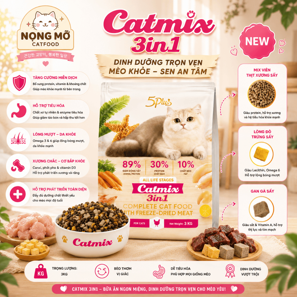 [CATMIX 3IN1] Hạt Cho Mèo 5Plus Catmix 3IN1 5kg Dòng Topping Trị Kén Ăn Giúp Lông Mượt | NỌNG MỠ CAT