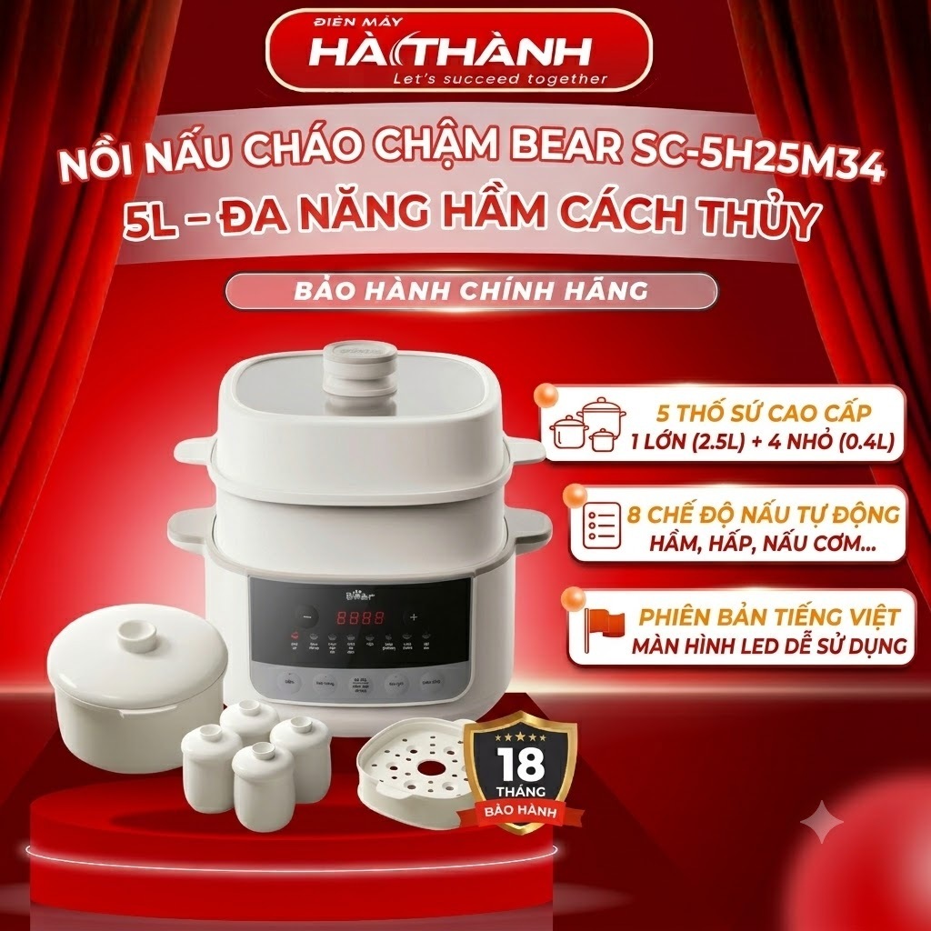 Nồi Nấu Chậm Bear SC-5H25M34, 2.5Lit Kèm Bộ 5 Thố Sứ Có Xửng Hấp 8 Chế Độ Nấu, Bảo Hành 18 Tháng