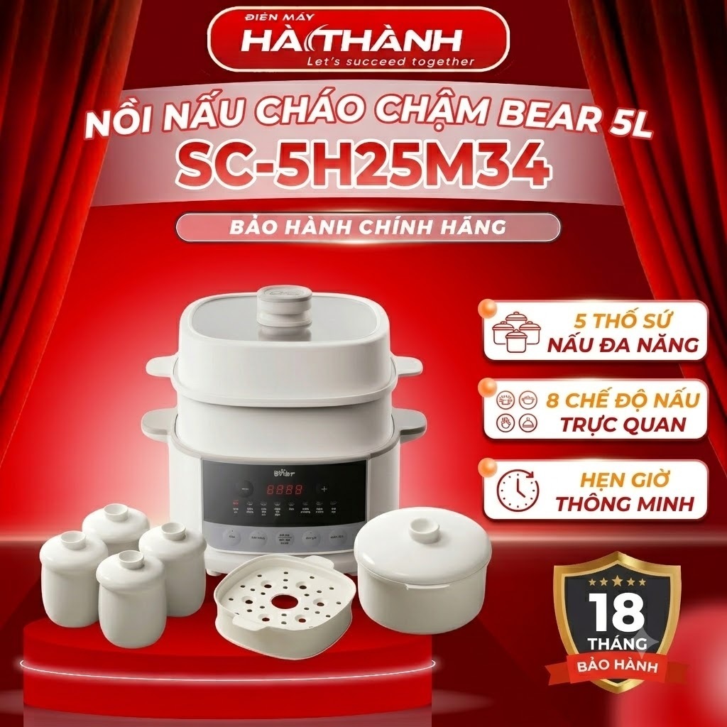 Nồi Nấu Chậm Bear SC-5H25M34, 2.5Lit Kèm Bộ 5 Thố Sứ Có Xửng Hấp 8 Chế Độ Nấu, Bảo Hành Chính Hãng