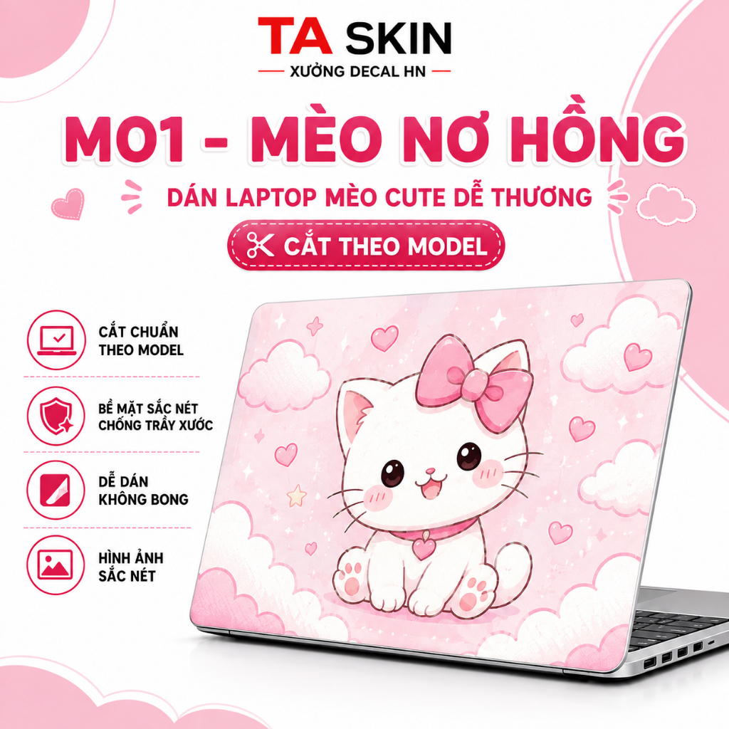 Dán Laptop Mèo Cute Dễ Thương, Skin Decal Trang Trí Laptop Cắt Theo Model Dell HP Asus Lenovo Acer M