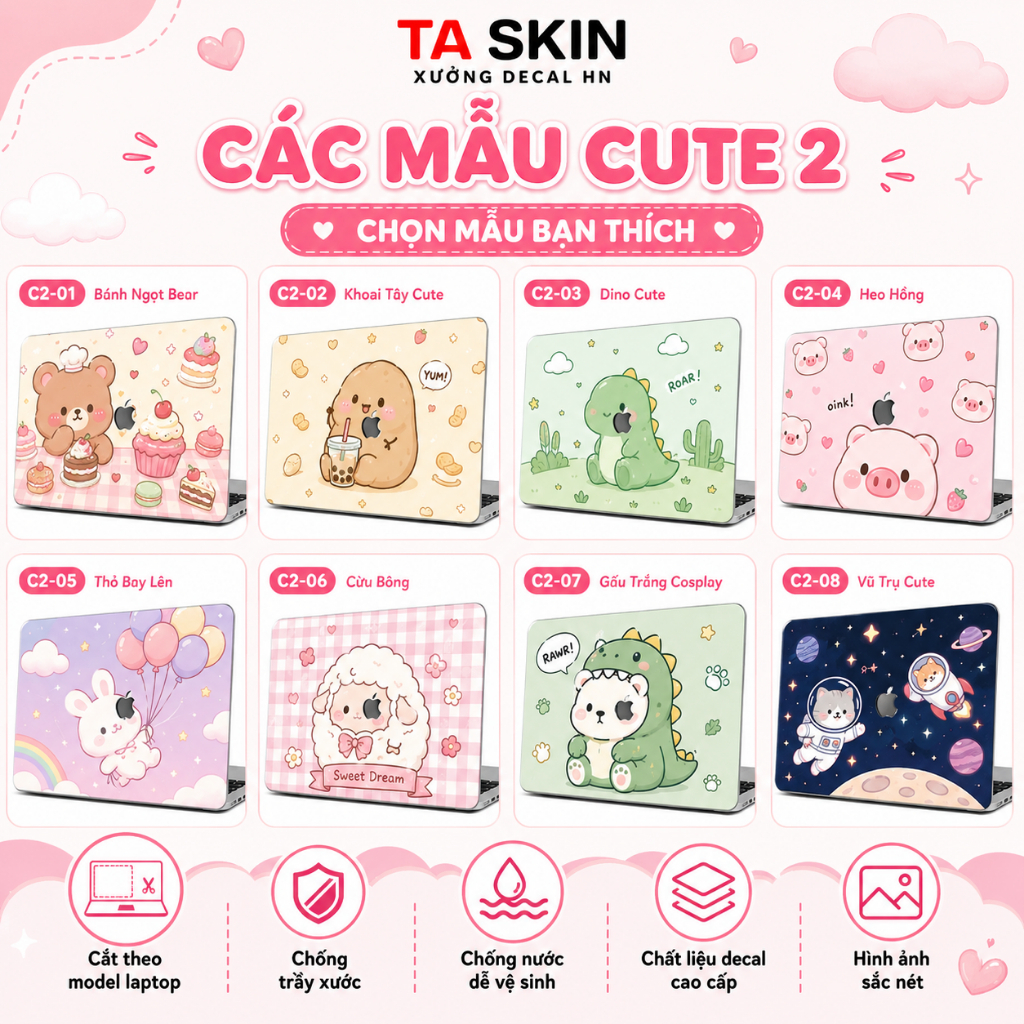 Dán Laptop Cute 2 Dễ Thương, Skin Decal Trang Trí Laptop Cắt Theo Model Dell HP Asus Lenovo Acer Mac
