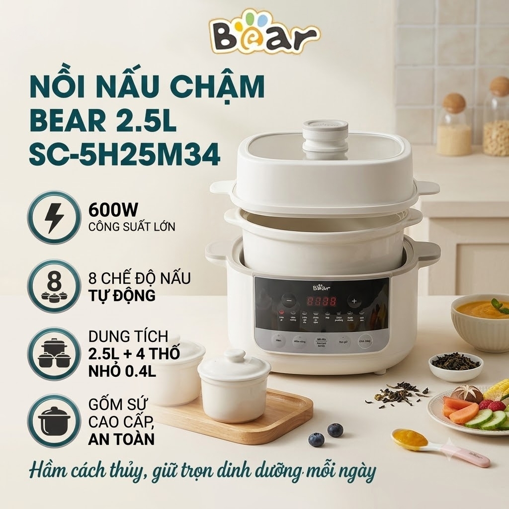 Nồi Nấu Chậm Bear 2.5L SC-5H25M34, Bộ 5 Thố Sứ, 10 Chế Độ, Hầm Cách Thủy, Kèm Xửng Hấp, BH 18 Tháng