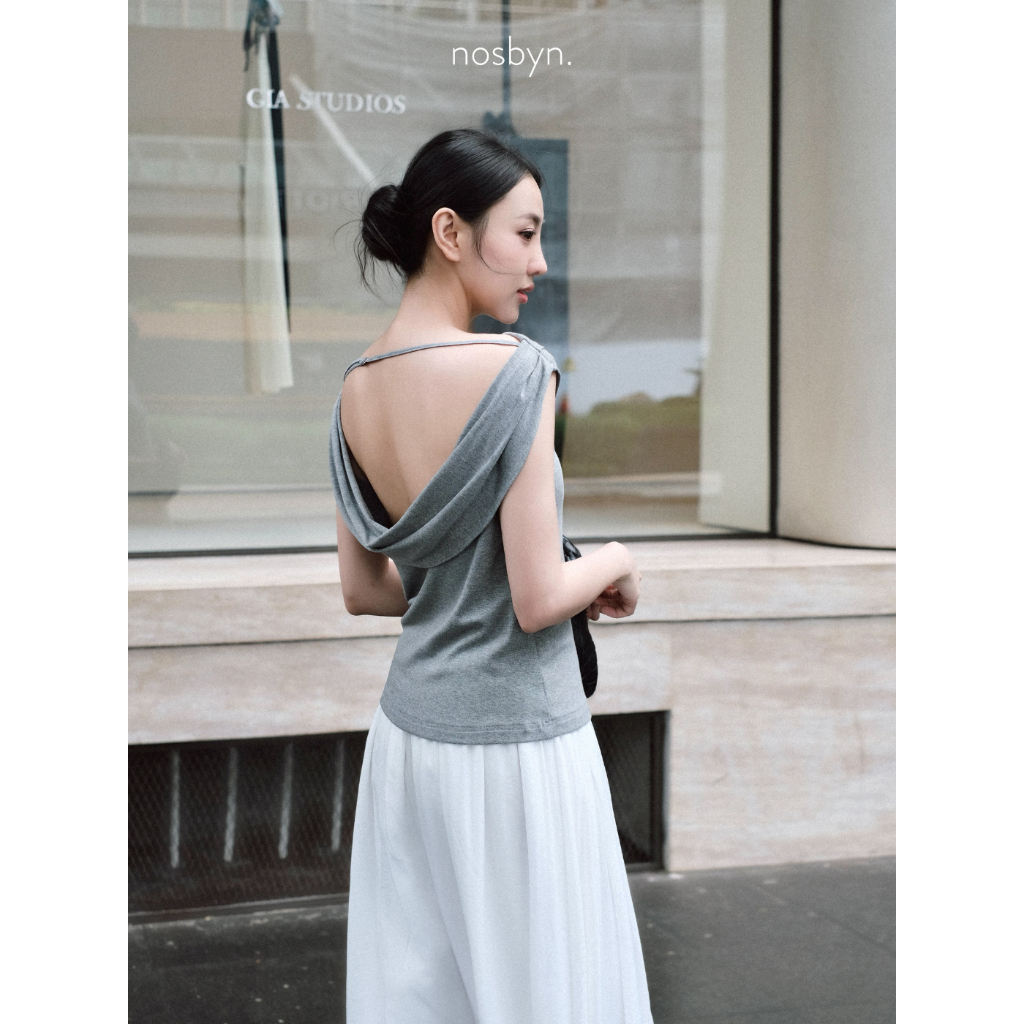 Nosbyn - Áo Trễ Vai Basic -  Draped Boat Neck Top