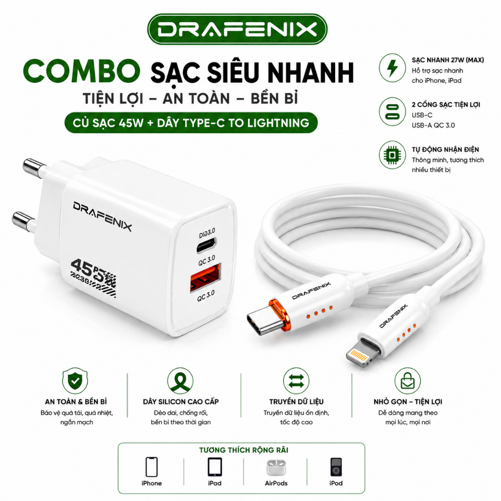 Bộ sạc nhanh DRAFENIX 20W 2 Cổng USB kèm Dây Silicon Cao cấp 1M Type-C to Lightning cho IP XS 11 12 