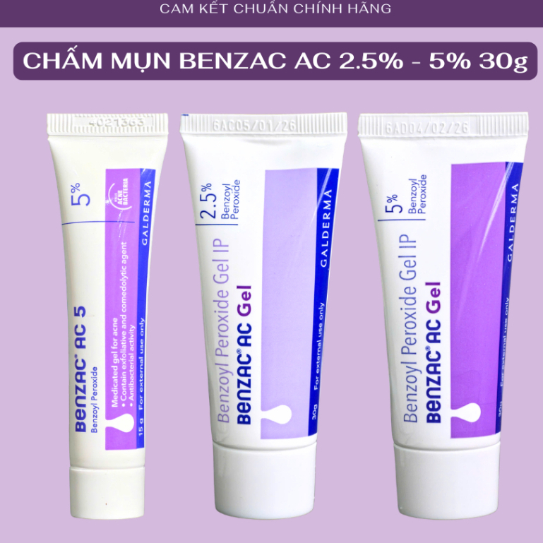 Chấm mụn Benzac AC Benzoyl Peroxide 2.5% - 5% Gel 15G 30G hỗ trợ giảm mụn viem mụn trứng cá