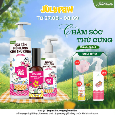 Combo Sữa tắm khử mùi lưu hương chó mèo JulyPaw 150ml/500ml và Xịt thơm dưỡng lông bodymist cho chó mèo 100ml