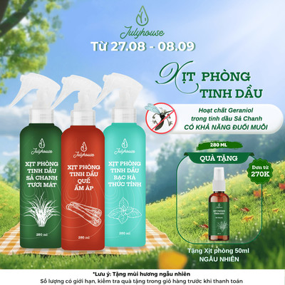 Xịt phòng thư giãn Julyhouse 280ml tinh dầu Sả Chanh, Bạc Hà, Bạch Đàn Chanh, Quế, Oải Hương thơm phòng