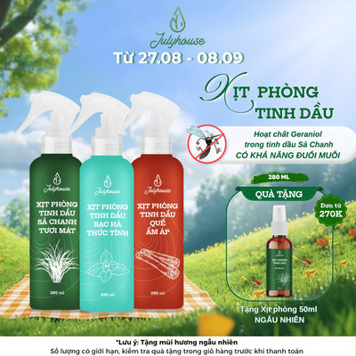 Bình Xịt Phòng Tinh Dầu Sả Chanh, Bạc Hà, Quế, Bạch Đàn Chanh 280ml Julyhouse Khử Mùi Làm Thơm Thư Giãn