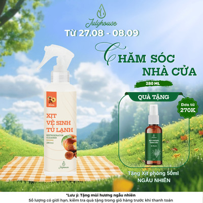 Xịt khử mùi vệ sinh tủ lạnh Julyhouse 280ml chiết xuất bồ hòn hương đào thơm mát làm sạch hiệu quả
