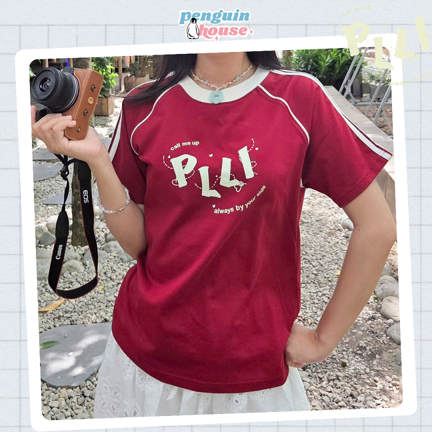 Áo thun babytee raglan cổ viền đỏ đô Plli - Penguin House