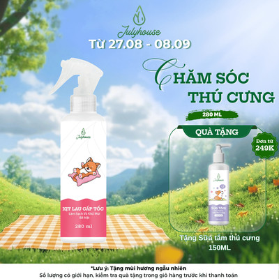 Nước lau sàn cấp tốc dạng xịt khử khuẩn khử mùi chó mèo 280ml JULYHOUSE kết hợp tinh dầu Oải Hương,Khuynh Diệp, Sả Chanh