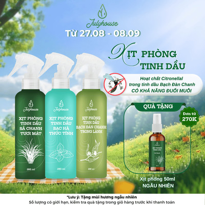 Bình xịt phòng JULYHOUSE 280ml tinh dầu Sả Chanh, Bạc Hà, Bạch Đàn Chanh, Quế, Oải Hương thơm phòng