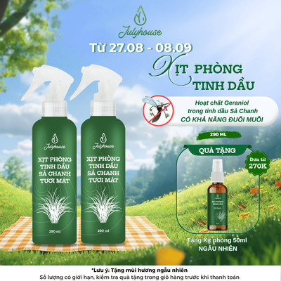 Combo 2 bình xịt phòng tinh dầu Sả Chanh Tươi Mát 280ml/chai JULYHOUSE khử mùi thơm phòng cấp tốc
