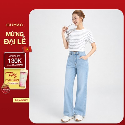 Quần Jeans Suông Nữ Gmorning - GUMAC Dài 95cm Denim Thêu Gmor Xanh Nhạt Tôn Dáng YQJE10080