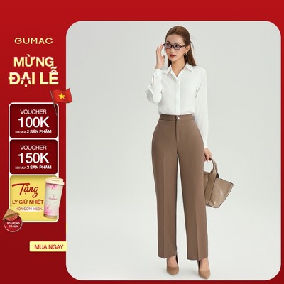 Quần Ống Suông Nữ 98cm GUMAC Lưng Cao Chất Cotton Công Sở Dáng Dài Cạp Cao Loe Nhẹ QE04001