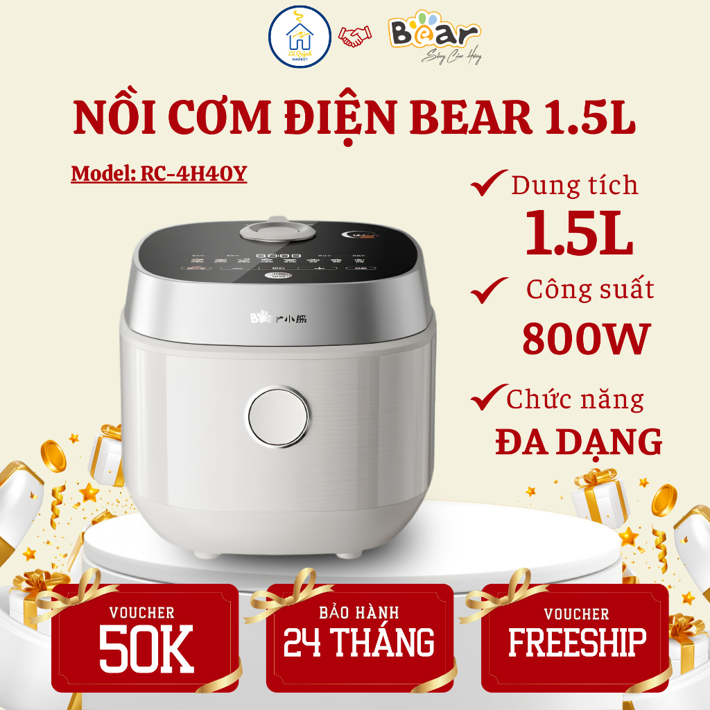 Nồi Cơm Điện Bear RC-4H40Y Phủ Ceramic Pro 9H Chống Dính Bền, Lõi Gang Giữ Nhiệt Cơm Chín Đều - Lê Q