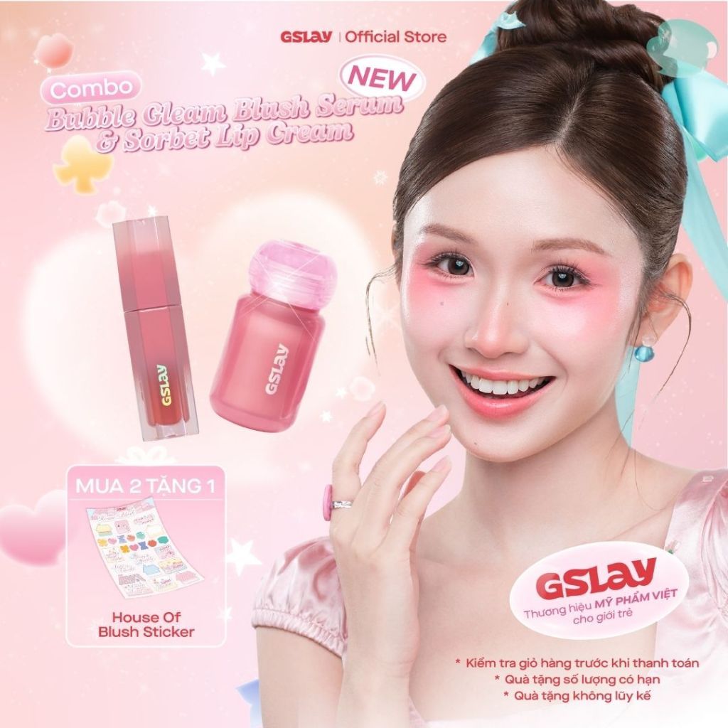 Combo Má kem GSLAY Bubble Gleam Blush Serum căng bóng (4,5ml) & GSLAY Sorbet Lip Cream mịn lì thuần 