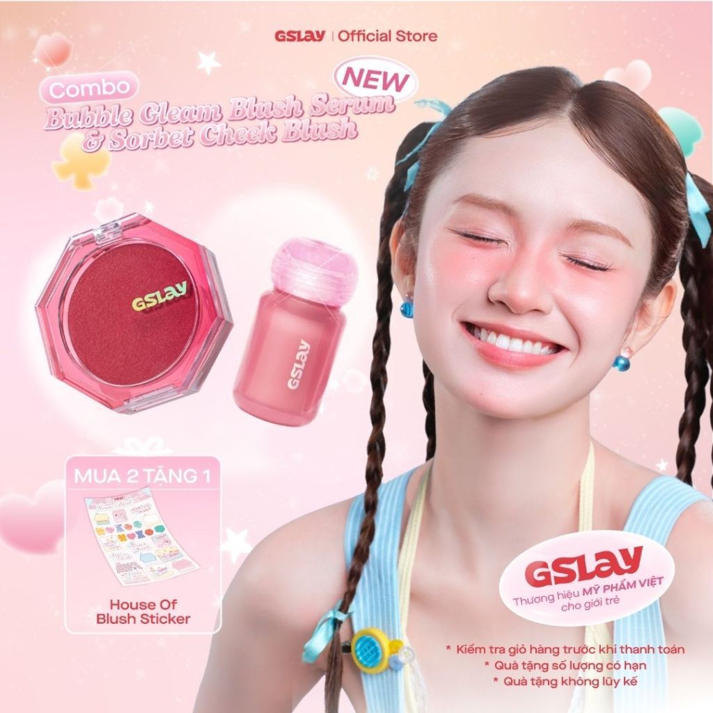 Combo Má kem GSLAY Bubble Gleam Blush Serum căng bóng (4,5ml) & GSLAY Sorbet Cheek Blush mịn lì, nhũ
