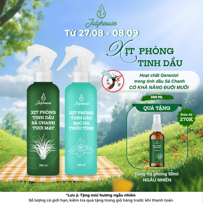 COMBO 2 xịt phòng tinh dầu 280ml sả chanh, bạc hà, bạch đàn chanh, quế, oải hương thơm phòng thiên nhiên