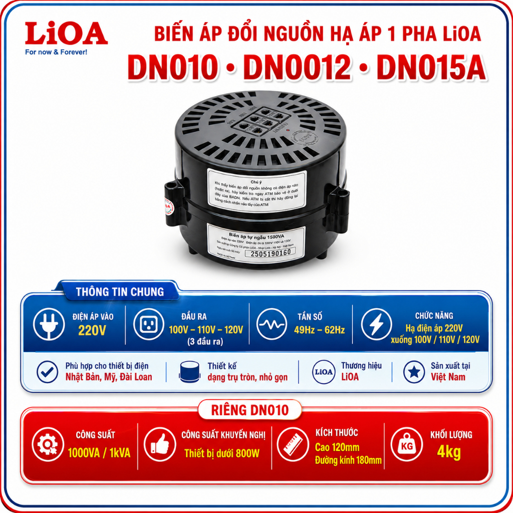 [CHÍNH HÃNG] Biến Áp Đổi Nguồn LIOA 1000/1200/1500VA (Nguồn Vào 220V/Nguồn Ra 100V-110V-120V) Biến Á