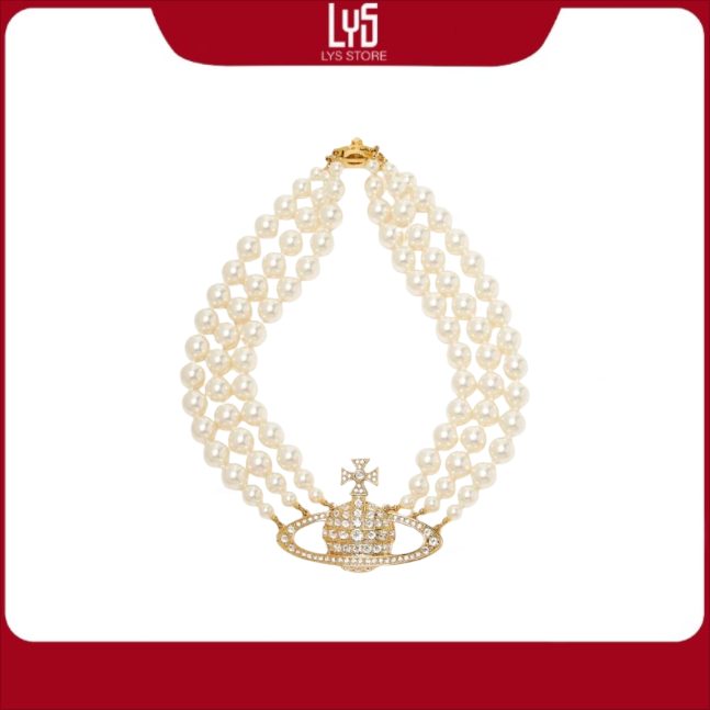 Dây chuyền Viviennewestwood Three Row Pearl Bas Relief Choker 6206