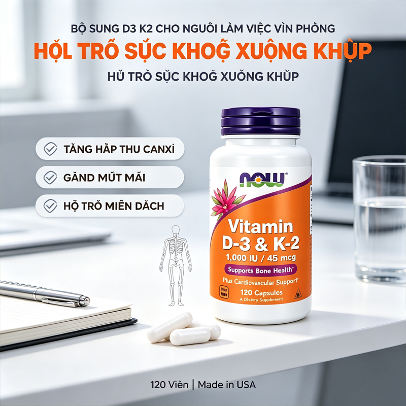 Viên uống NOW D3 K‑2 120 viên Bổ sung vitamin D3 K2 bảo vệ xương và hệ tim mạch