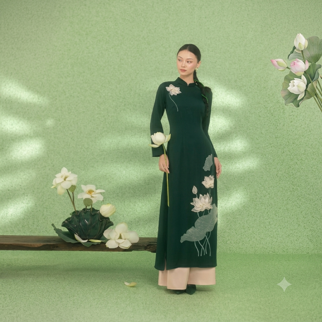 NEM FASHION Áo dài xanh thêu hoa sen AD02322
