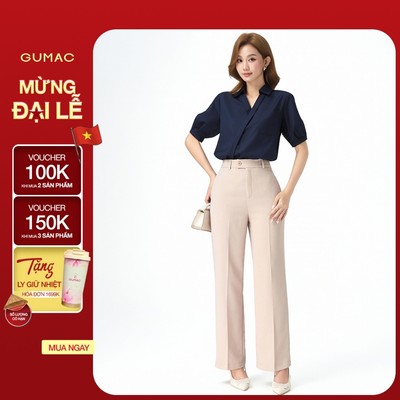 Quần Ống Suông Nữ 99cm GUMAC Quần Tây Công Sở Lưng Cao Cài Quai Dê Chất Tuyết Mưa Cạp Cao LQE1241