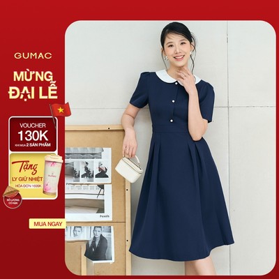 Đầm Chữ A Nữ GUMAC Váy Công Sở Xòe Phối Cổ Bâu Sen Tiểu Thư Có Túi Vải Cotton LDE0821