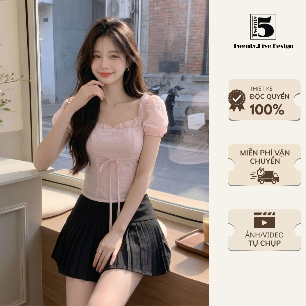 Áo cổ vuông tay bồng dáng ôm tôn dáng màu hồng chấm bi nữ tính - Twentyfive Design - AL70