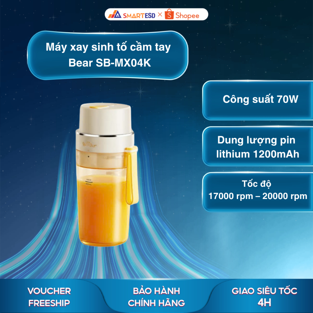 Máy Xay Sinh Tố Cầm Tay 12 Lưỡi Inox BEAR SB-MX04K, 0.4L, 2 Cốc, Dung Lượng Pin Lớn