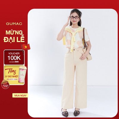 Quần Jeans Nữ GUMAC Suông Màu Be Denim Mềm Dày Dặn Thoáng Mát Thoải Mái LQJG06096