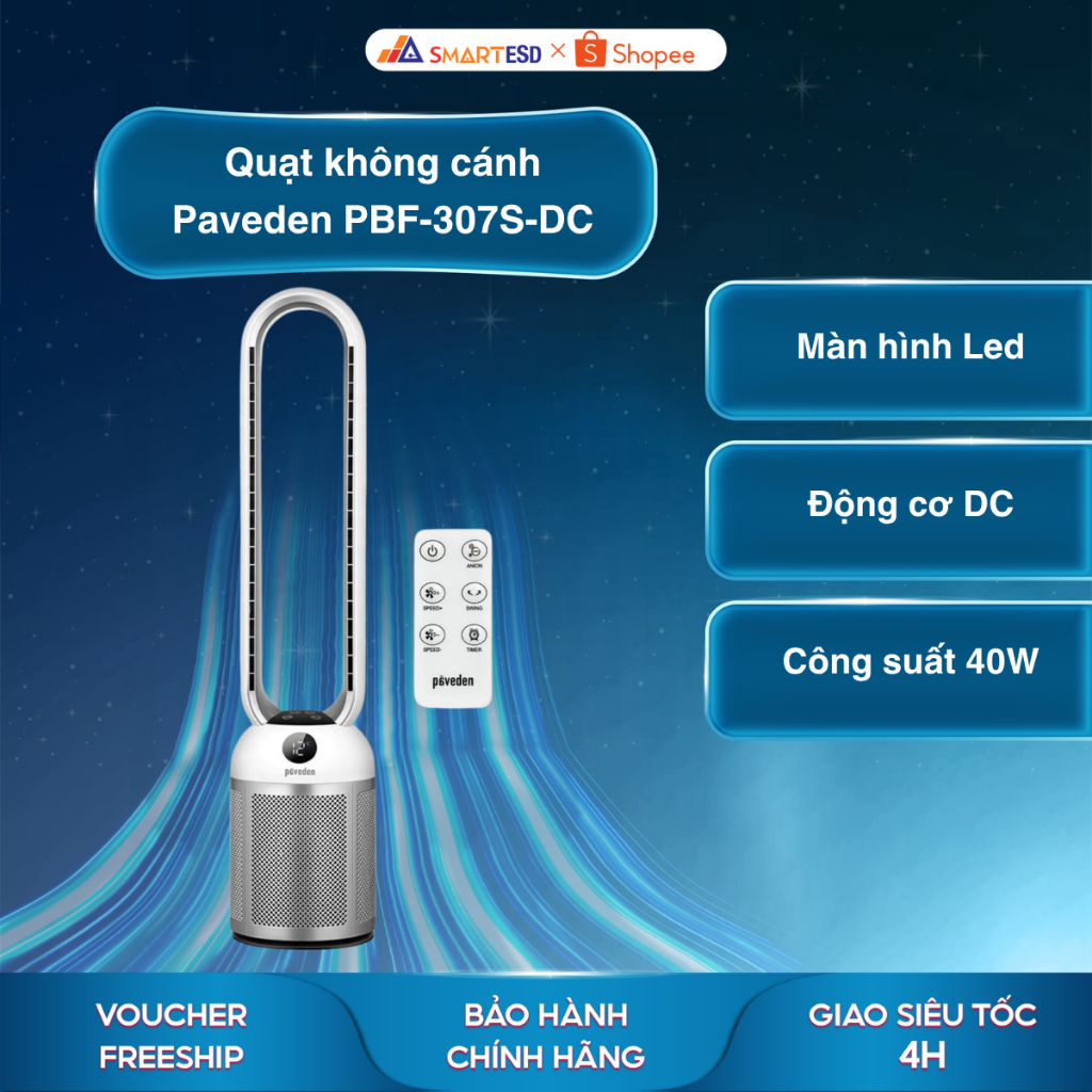 Quạt Không Cánh Paveden PBF-307S-DC - Tích hợp lọc không khí - Bảo hành chính hãng 12 tháng