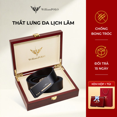 Thắt lưng WILLIAMPOLO chính hãng da dành cho nam mặt khóa đen vàng sang trọng kèm hộp và túi