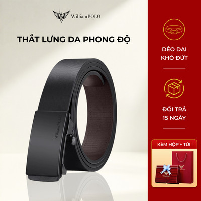 [Quà tặng cao cấp] Thắt lưng da nam WILLIAMPOLO chính hãng mặt khóa đen kèm hộp và túi