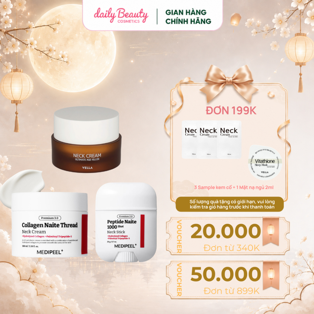 Kem Cổ VELLA Neck Cream 50ml và Kem cổ Premium Collagen Thread Neck MEDIPEEL Cải Thiện Nếp Nhăn Vùng