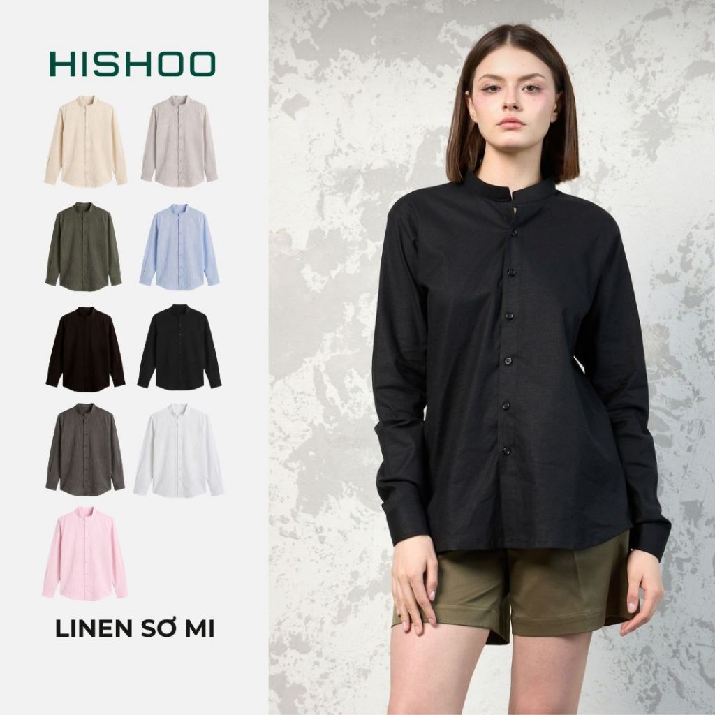 Áo Sơ Mi Tay Dài Nữ Đen Relax Form Rộng, Cổ Tàu Vuông, Lai Ngang Linen Solene Vải Mềm Mát HISHOO A2G